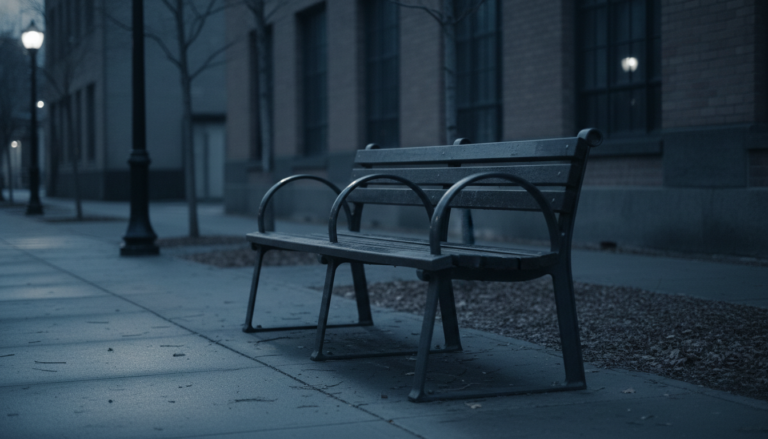 Empty public bench with central armrest dividers at dusk in a quiet documentary tone
