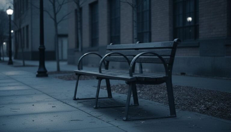 Empty public bench with central armrest dividers at dusk in a quiet documentary tone