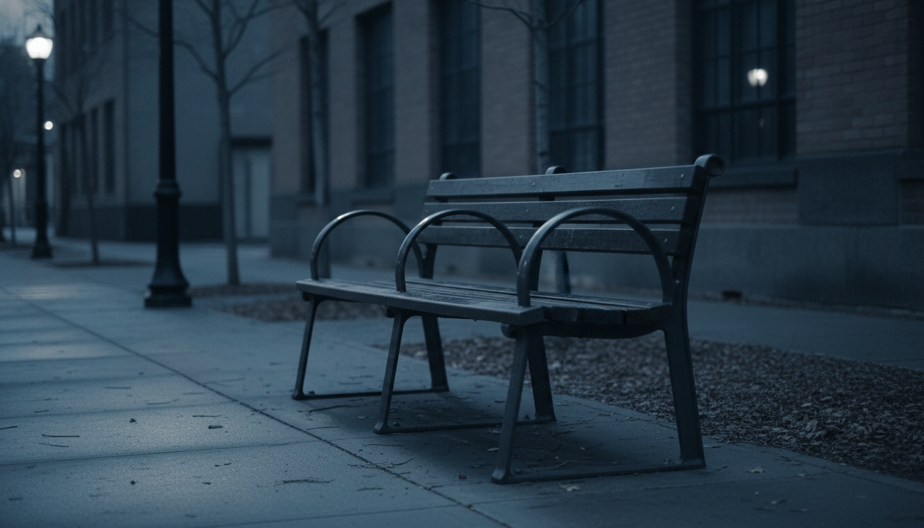Empty public bench with central armrest dividers at dusk in a quiet documentary tone