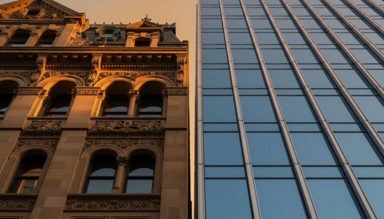 Ornate Victorian stone facade meeting a modern glass curtain wall in warm light