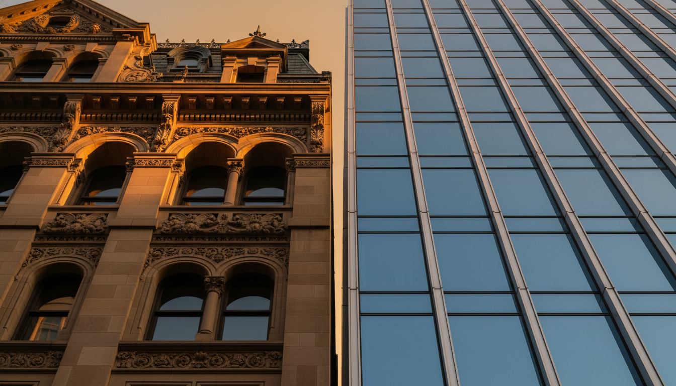 Ornate Victorian stone facade meeting a modern glass curtain wall in warm light