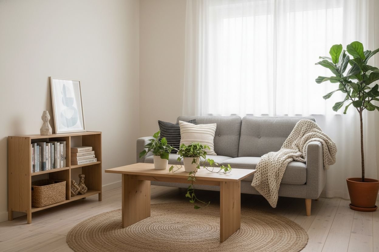 A small modern apartment living room furnished in a budget Scandinavian style with light wood and neutral textiles.