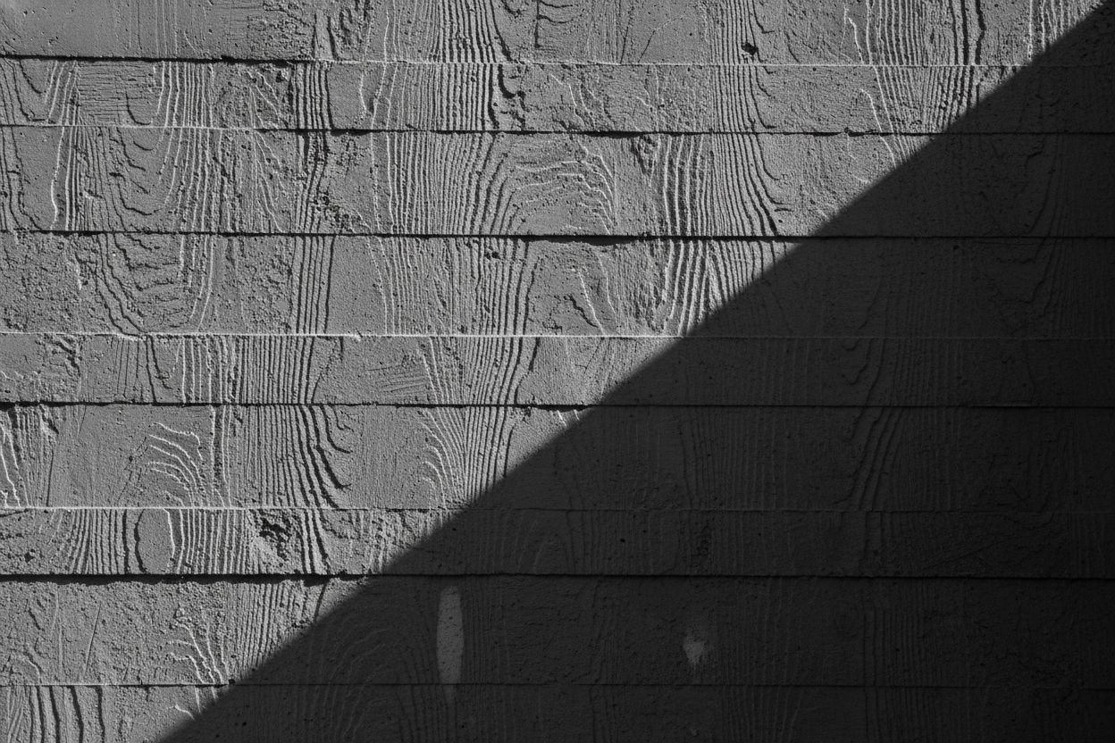 An abstract close-up of raw board-formed concrete, the grain of the wooden formwork visible across the surface under dramatic raking shadow.