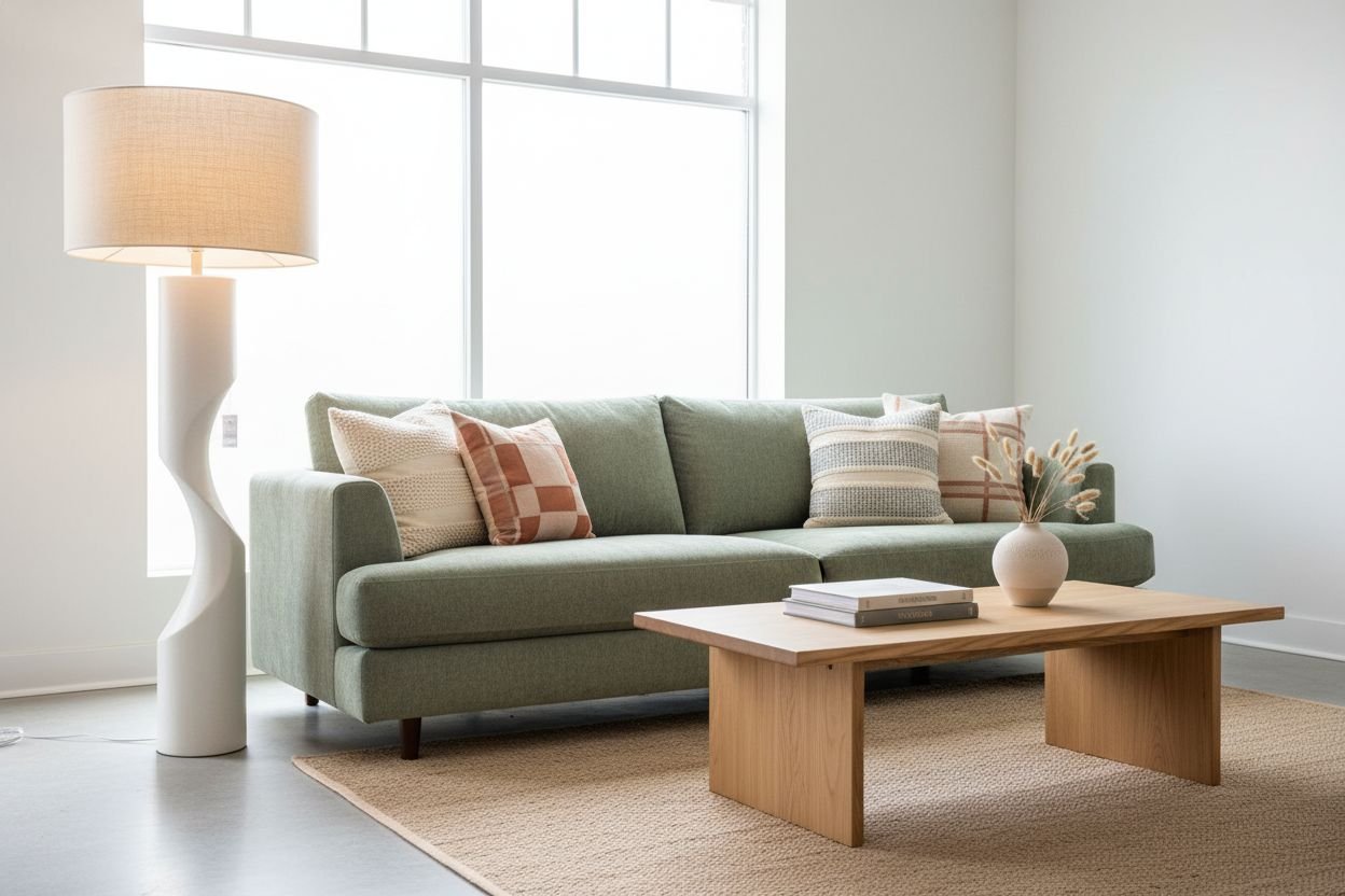Bright contemporary furniture store interior vignette with a styled sofa and lighting