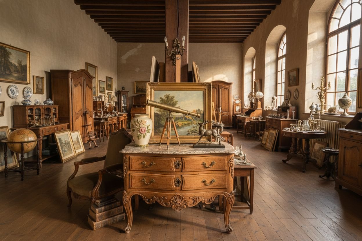 Antique wooden furniture, framed art, and decorative objects arranged across a Toronto dealer's showroom floor.