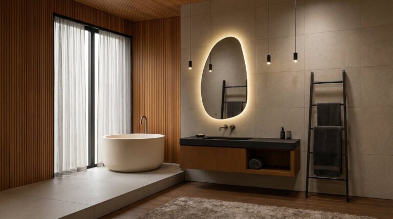 An organic-shaped designer mirror in a styled interior