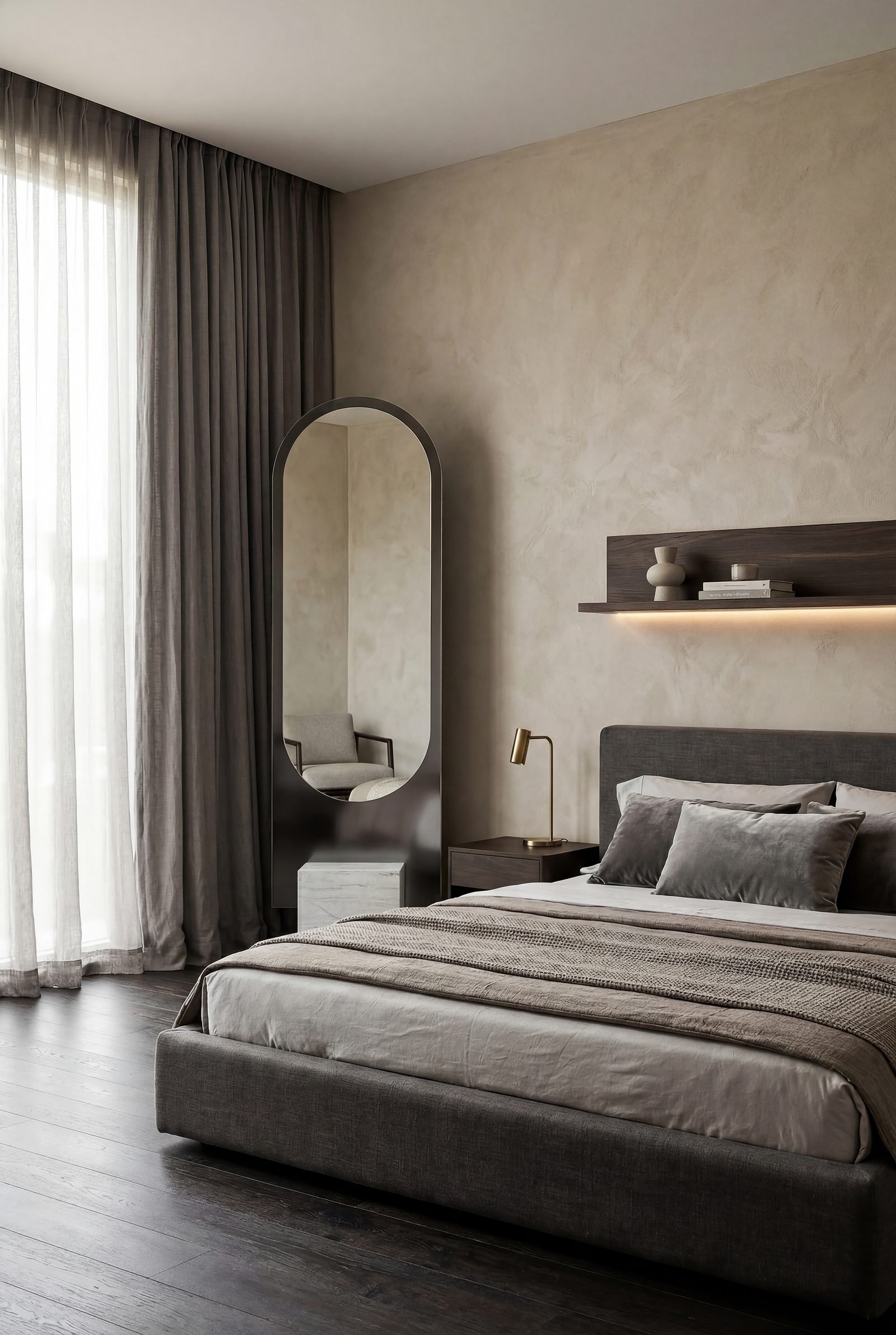 Alice mirror shown in Cosentino ECLOS Ivora and Phantome finishes