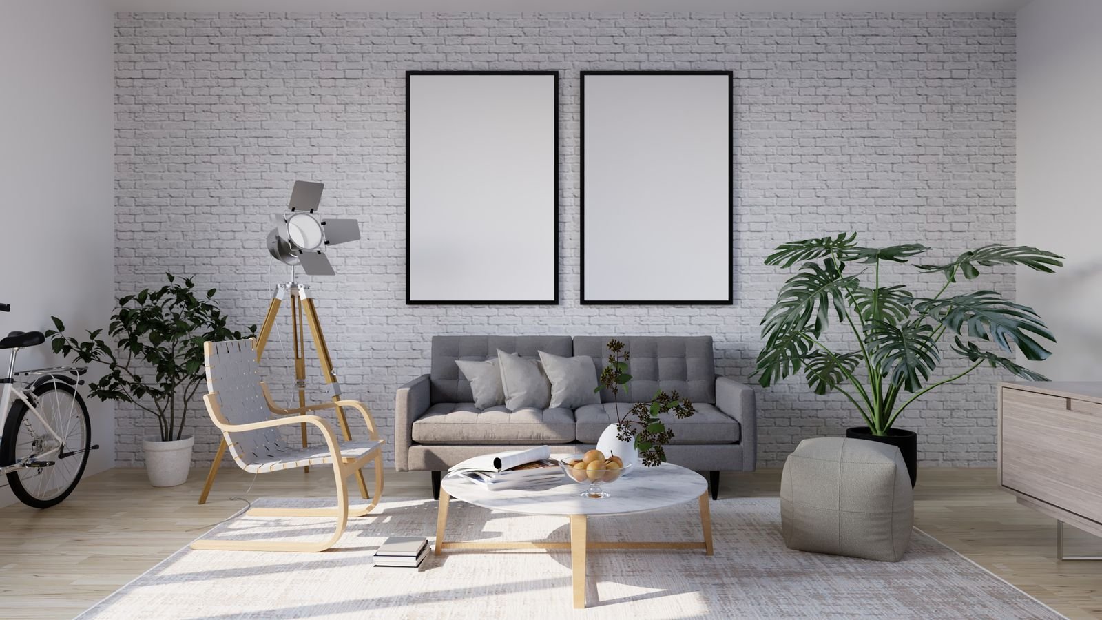 Bright modern living room with a pale sofa, houseplants and minimal furniture