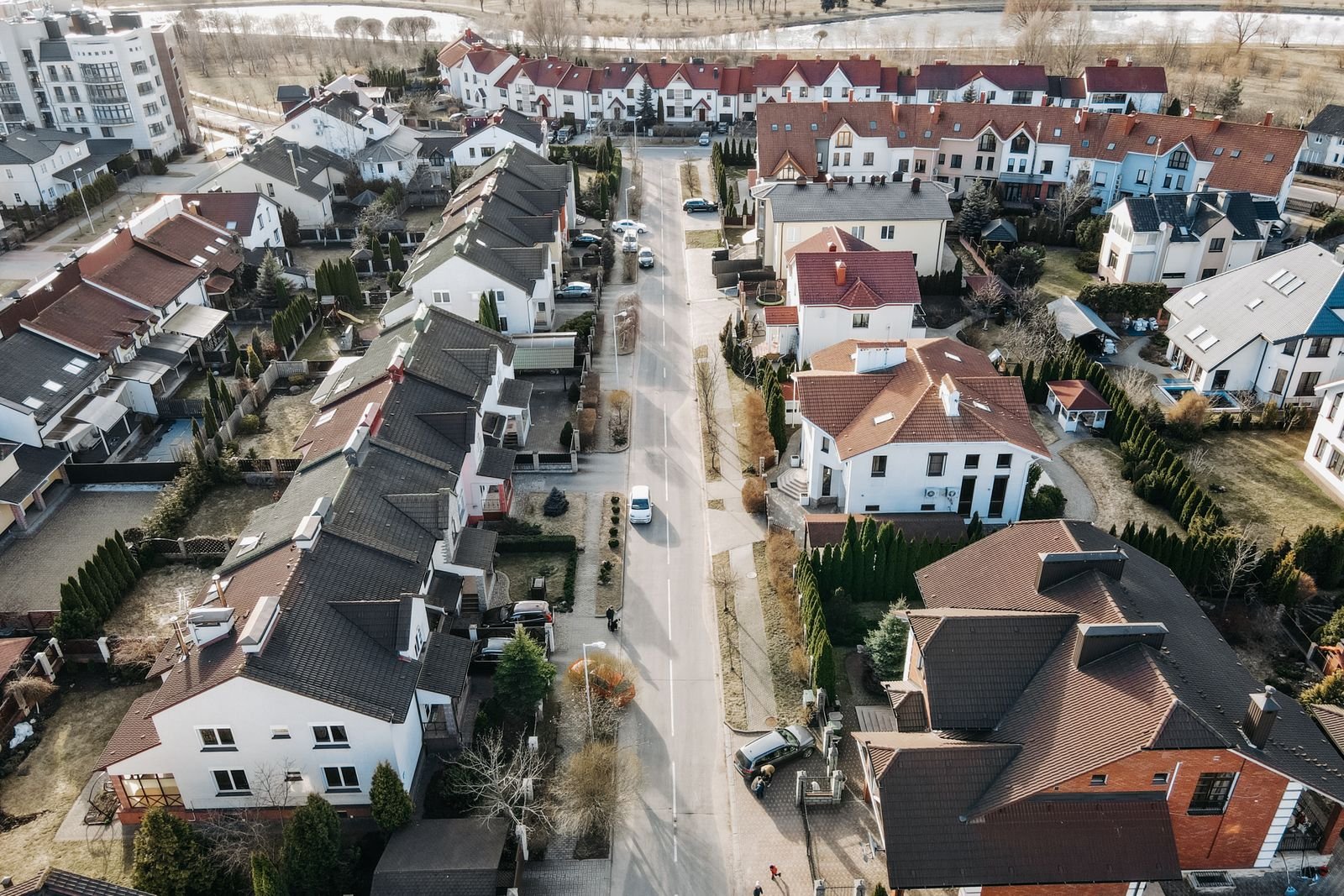 Aerial view of detached houses lining a residential street